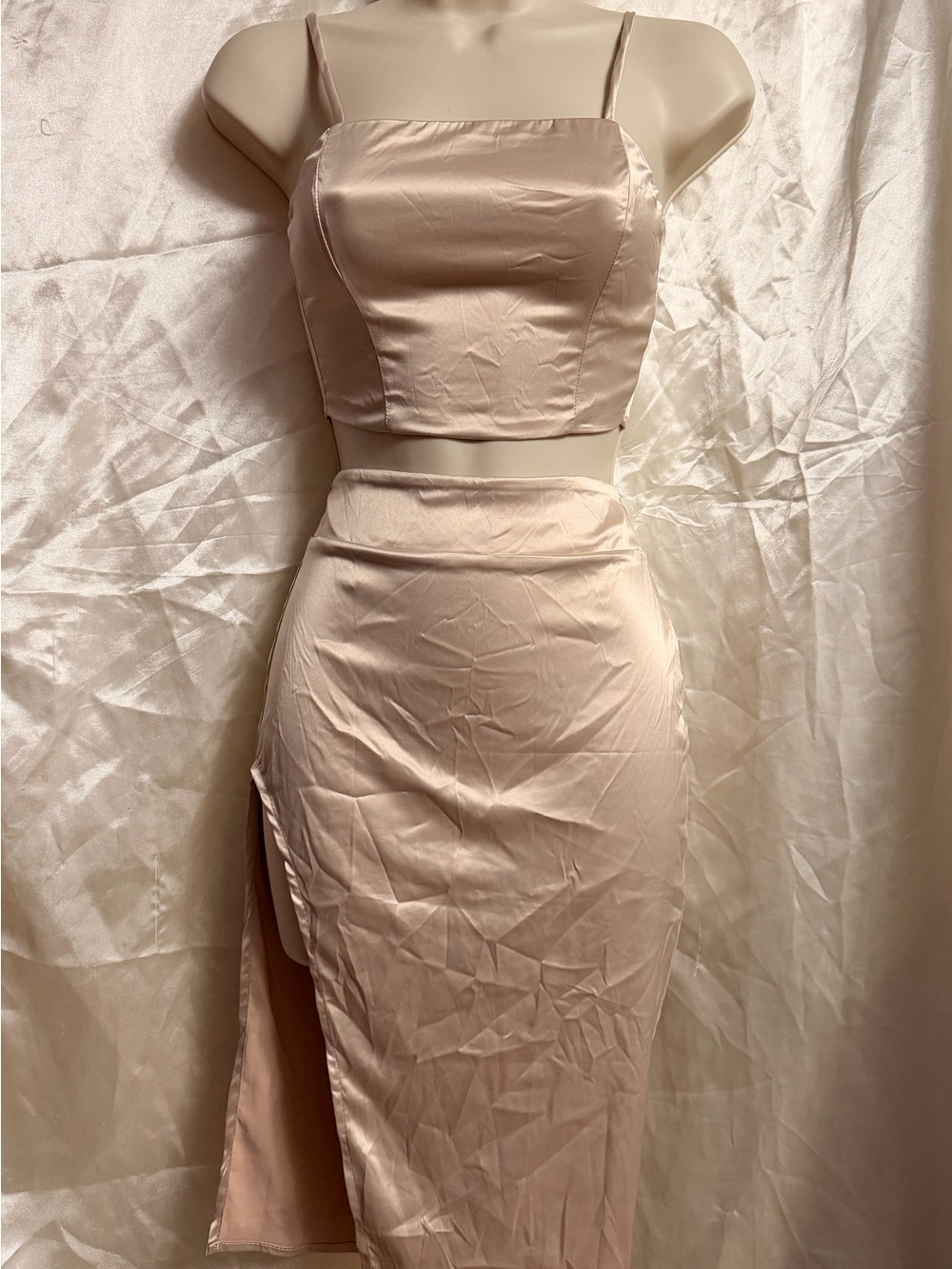 Beige Satin Coord Skirt Set
